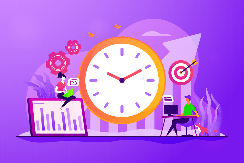 Time management and workflow organization. Work planning and scheduling. Productivity improvement, efficiency of production, qualification concept. Vector isolated concept creative illustration