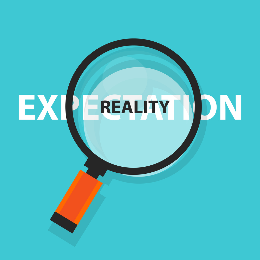 expectation vs reality concept business analysis magnifying glass symbol vector